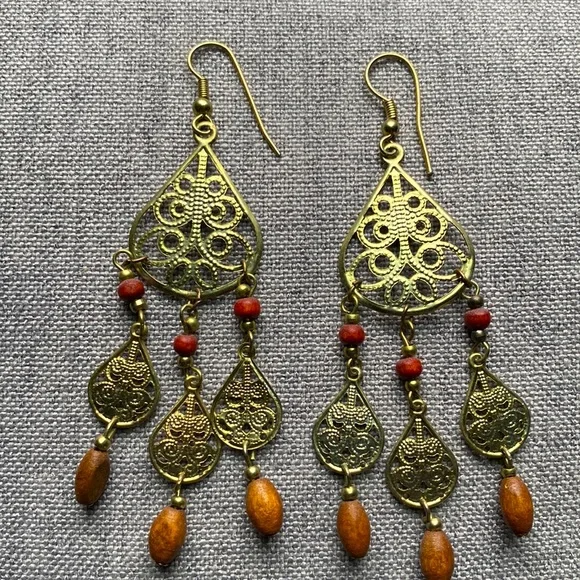 Boho Dangling Earrings with Wooden Beads - Picture 1 of 3